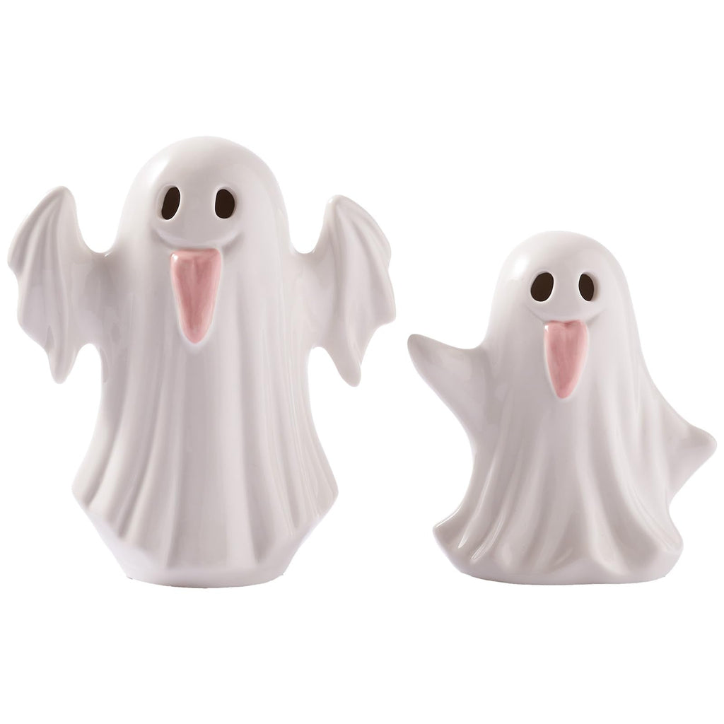 WDS WONDROUS Halloween Decor Light Up Ceramic Ghost Figurines – White Ghost with Pink Tongue Set of 2 – Fall Halloween Indoor Decorations for Home Table Office Desk Decor, Cute Ghost Statues