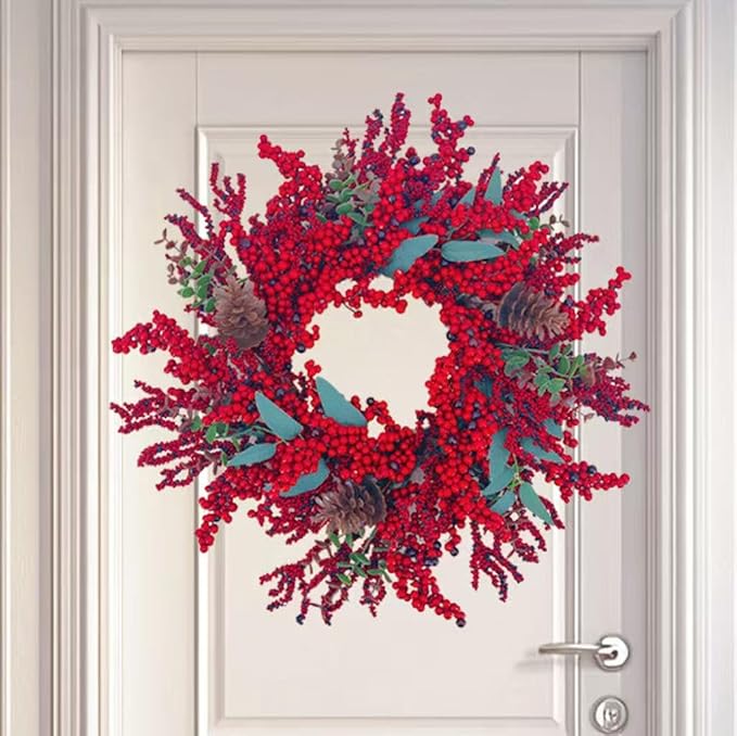 20 Inch Christmas Wreath for Front Door, Artificial Berry with Pinecone, Artificial Red Berry Flower Garlands, Used for Window, Wall, Porch, and Other Indoor and Out Door Home Decorations