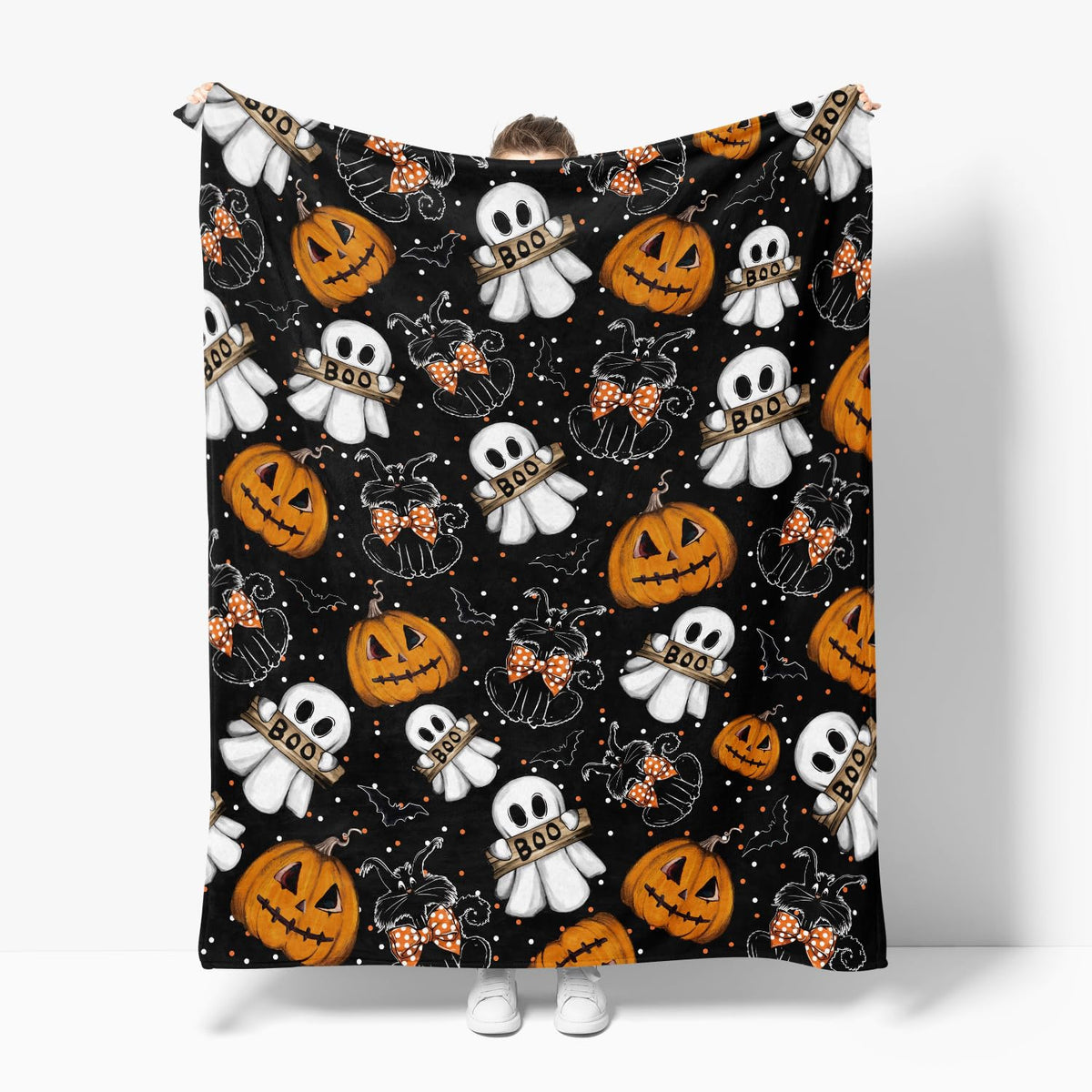Horaldaily Halloween Flannel Blanket Throw, Jack-O-Lantern Ghost Cat Dots Soft Fuzzy Plush Cozy Fleece Blankets for Couch Sofa Bed Lounging, Ideal Gifts for Kids Adults Wife Self, 50x60