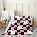Erosebridal Black Pink Halloween Fleece Blanket Throw 50"x60" Kawaii Bowknot Ghost Flannel Blanket Gothic Spider Web Bat Fuzzy Plush Throw for Kids Boys Girls,Halloween Checkered Decor for Bed Couch