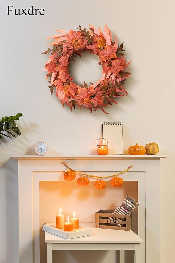 Fall Wreath for Front Door-20 Autumn Front Door Wreath-Fall Decorations with Berry Maple Leaves for Porch Window Farmhouse Halloween Thanksgiving Harvest Festival Home Decor