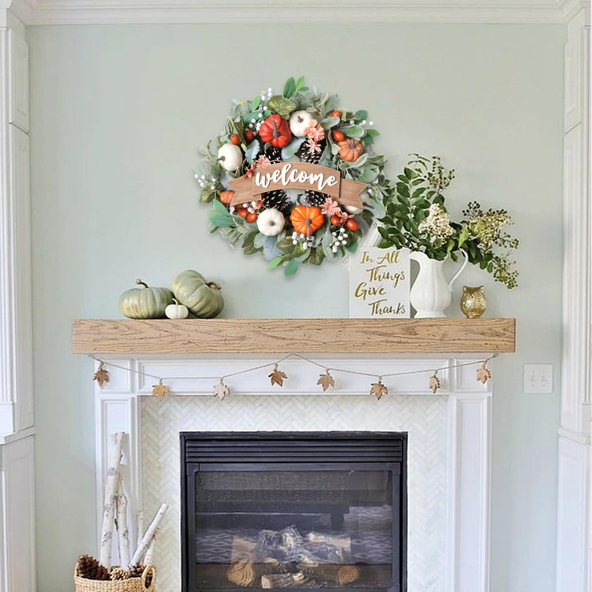22 Inch Fall Pumpkin Wreath for Front Door with Welcome Wood Sign, White Orange Pumpkin Pinecone Acorn Wreath for Indoor and Outdoor, Autumn Door Decor