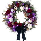 HipTree 20 Inch Light Up Halloween Wreath for Front Door with Skulls Roses Pumpkins, Gothic Black Wreath with Purple LED Lights, Battery Operated Timer Spooky Fall Wreath for Indoor Outdoor Porch