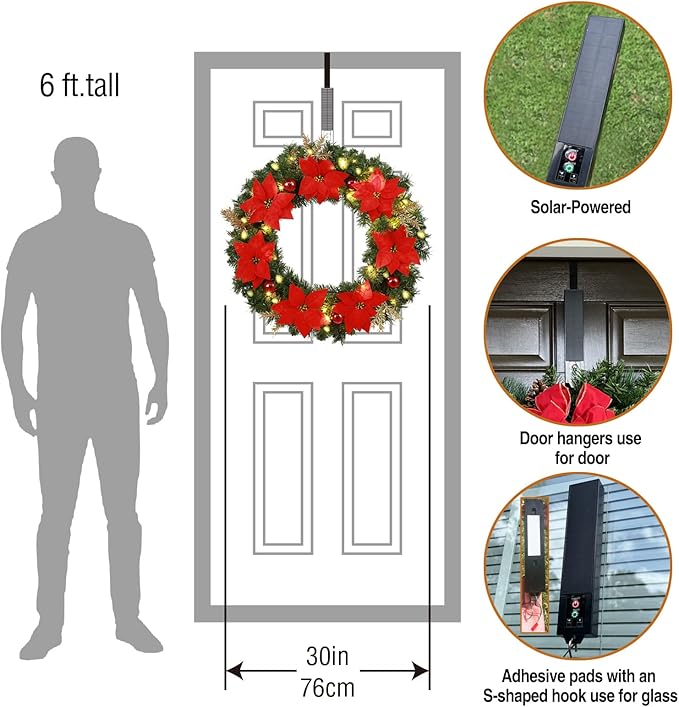 Solar Christmas Wreath 30 Inches Pre-Lit Solar 70 Led Artificial Wreath For Front Door Window Outdoor Christmas Decor with Poinsettias Golden Glitter Pine Branches Christmas balls(3003)