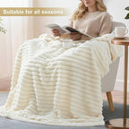 decorUhome Christmas Soft Fleece Cream White Throw Blanket for Couch, Cozy Fluffy Plush Flannel Striped Blanket for Sofa Bed, Lightweight Decorative Ribbed Fuzzy Blanket for Woman, 50x60 Inches