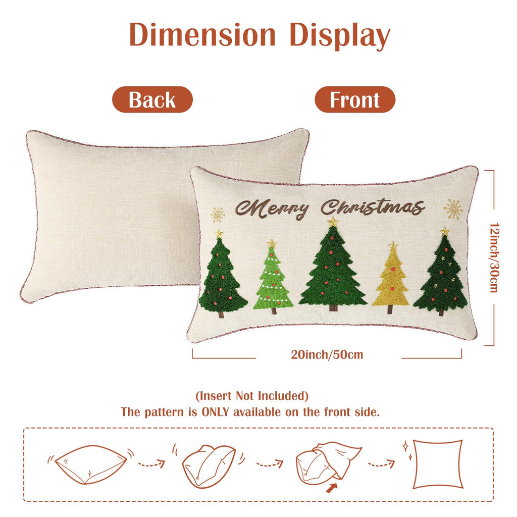 Lewondr 12x20 Inch Christmas Throw Pillow Cover, Christmas Decorative Pillow Case with Embroidered Xmas Tree, Throw Pillowcase Cushion Cover Xmas Decor for Bed Home Decor Living Room (1PCS)
