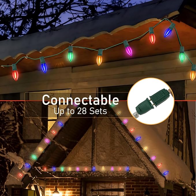 C9 LED Christmas Lights Outdoor,25FT Multicolored Christmas Lights with 26 Colorful Clear Multicolor LED Bulbs,Connectable Old Fashioned Xmas light for Garden Patio Xmas Tree Party Home Decor