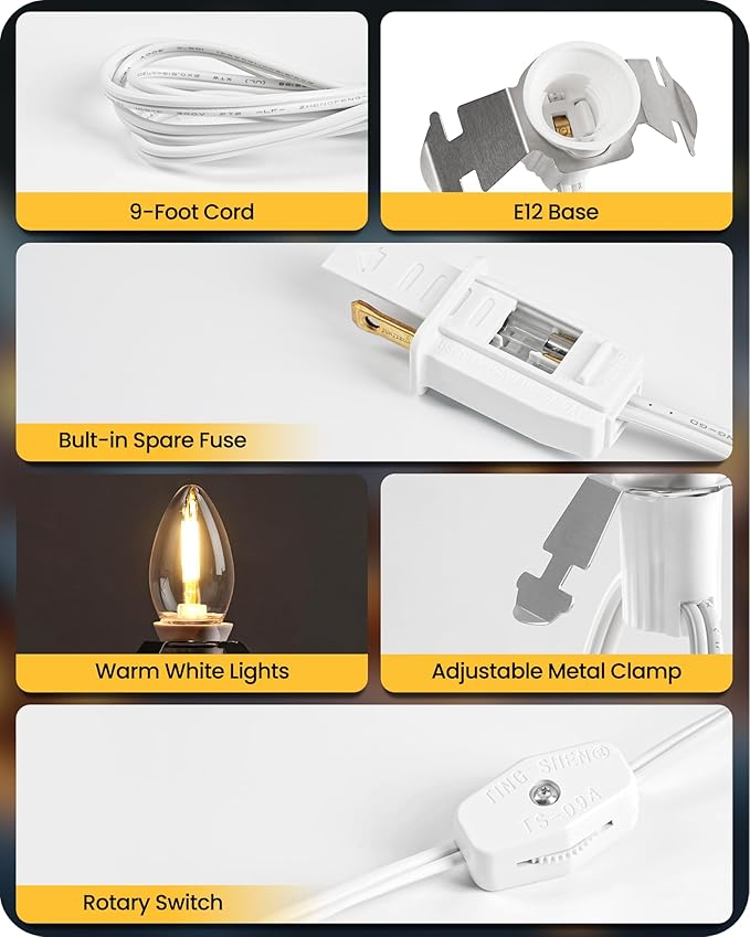 Christmas Village Lights, Decoration String Lights 18Ft with 10 C7 LED Bulbs, Warm White, with Socket and Switch, for Christmas Snow House, Pumpkin Crafts, Holiday Decoration W01VL05
