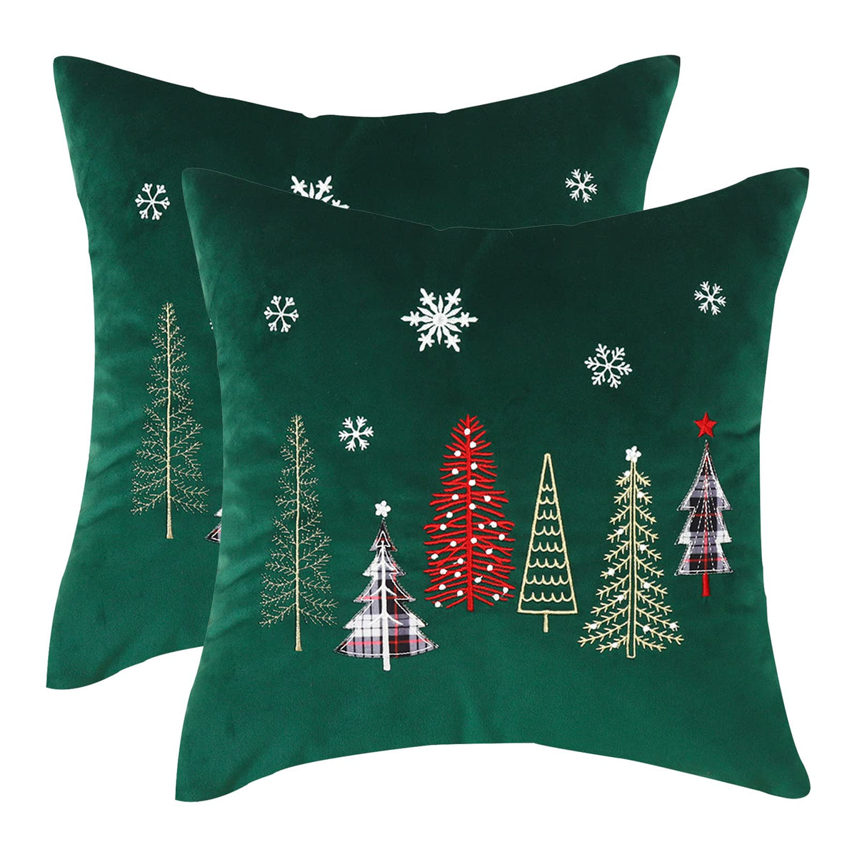 Tosleo Christmas Pillow Covers 18x18 Set of 2 Xmas Trees with Snowflake Embroidery Throw Pillow Covers Christmas Dec Velvet Pillowcases Forest Green Cushion Pillow Cases Soft Square Holiday Pillowcase