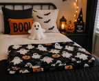 Halloween Fleece Throw Blanket: Jack O Lantern Pumpkins White Ghosts and Spiderwebs on Soft Black Velvet for Sofa, Couch, Chairs and Bed, 50" x 70"