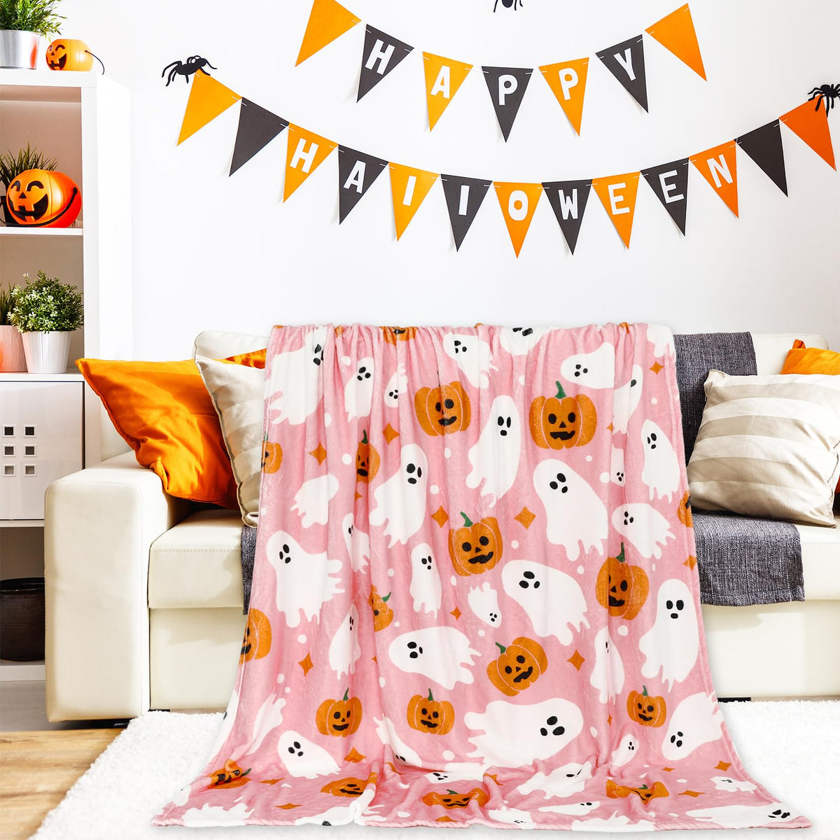JarThenaAMCS Halloween Fuzzy Flannel Blanket 60 x 50 Inch Ghost Pumpkin Throw Blanket Pink Soft Blankets for Farmhouse Home Chair Sofa Couch Bed