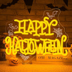 HAPPY HALLOWEEN Neon Sign, Bright Yellow LED Wall Light with Bats, Spider Webs & Skull, Halloween Party Decoration for Home, Bar, Dorm, Spooky Décor