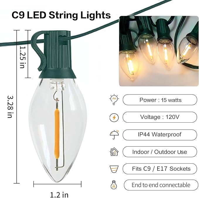 C9 LED Christmas Lights Outdoor 25FT, 25 Energy Efficient Warm White Vintage Bulbs, Connectable, Weatherproof for Roof, Xmas Tree, Porch, Yard, Patio, Holiday Decor - Green Wire