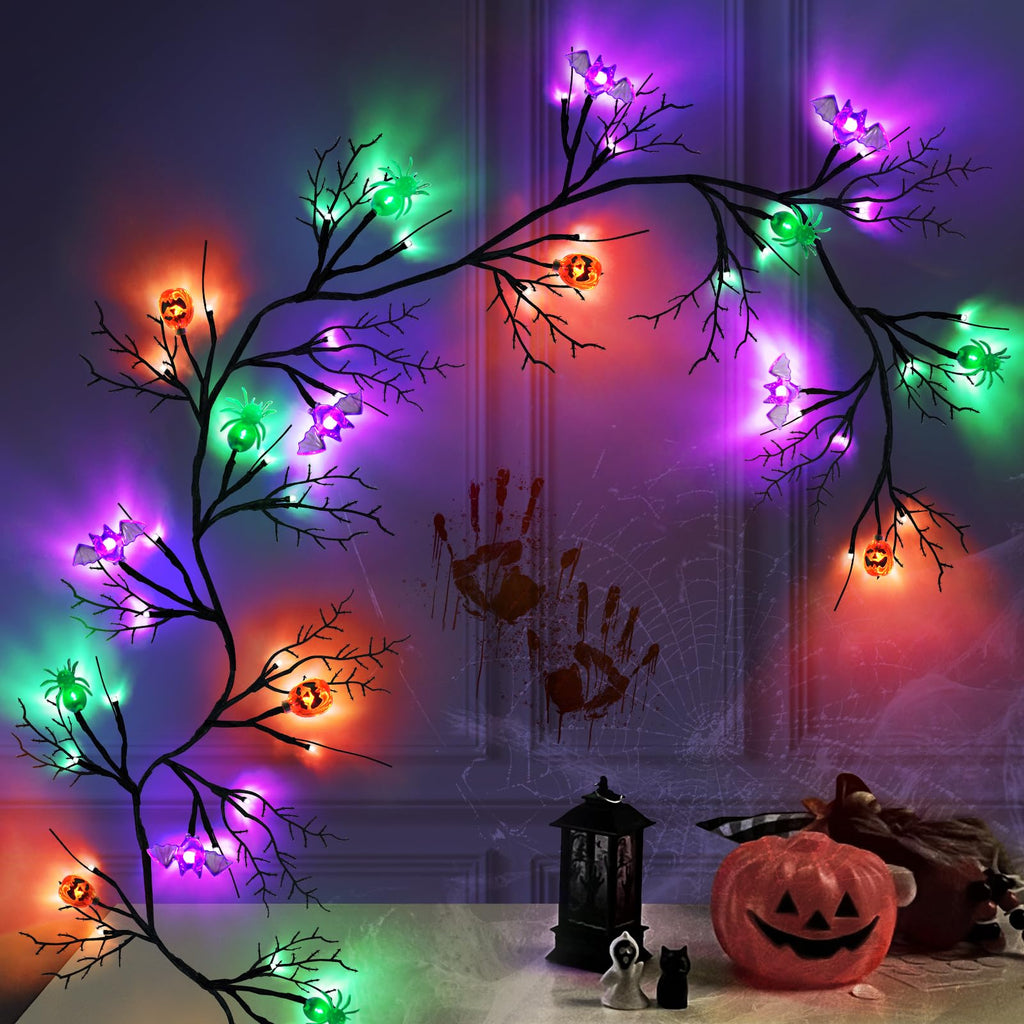 SURCVIO [ 8 Modes & Timer ] 6 Ft 54 LED Halloween Willow Vine Twig Decor Garland with 6 Bats & Pumpkins & Spiders Lights Waterproof Battery Operated Halloween Decorations Home Wall Fireplace Decor