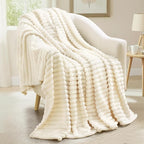 decorUhome Christmas Soft Fleece Cream White Throw Blanket for Couch, Cozy Fluffy Plush Flannel Striped Blanket for Sofa Bed, Lightweight Decorative Ribbed Fuzzy Blanket for Woman, 50x60 Inches