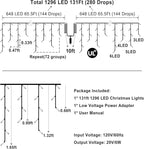 1296 LED 131FT Christmas Lights 288 Drops, Outdoor Hanging lights with 8 Modes & Timer, Plug in Curtain String Light Outdoor Waterproof for House Tree Holiday Wedding Party Outside Decor (Cool White)