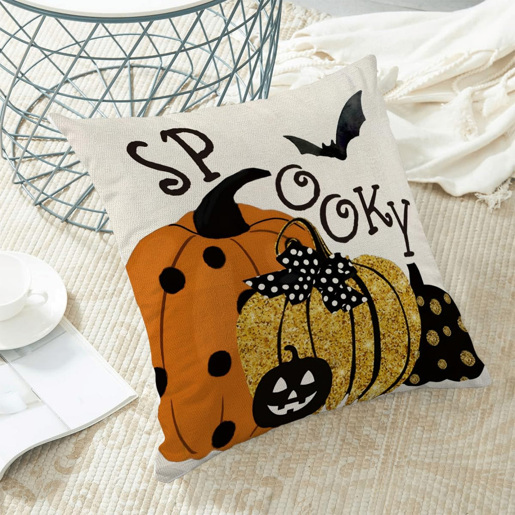 Halloween Pillow Covers 18 x 18 Inch Set of 2 Polka Dot Pumpkin Spooky Bat Throw Pillows Outdoor Decorative Fall Halloween Horror Pillowcases Linen Cushion Cases for Farmhouse Home Bed Sofa Couch