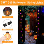 Romasaty Purple and Orange Halloween Lights, 25FT 27 Count Halloween G40 LED String Lights, Indoor Decoration Lights for Outdoor Patio Home Party Garden Yard-Black Wire