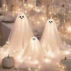 Woanger 3 Pieces Lighted Halloween Ghost Table Decor with LED Light Strip White Spooky Ghost Tabletop Lamp on Wooden Base for Indoor Halloween Party Mantel Shelf Home Decorations