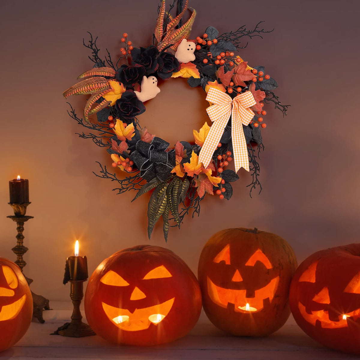 LinTimes Halloween Wreaths for Front Door, 26Inch Ghost Wreath with Ribbon Black Rose Maple Berries Feather for Indoor Outdoor Wall Window Front Door Porch Mantle Halloween Decoration