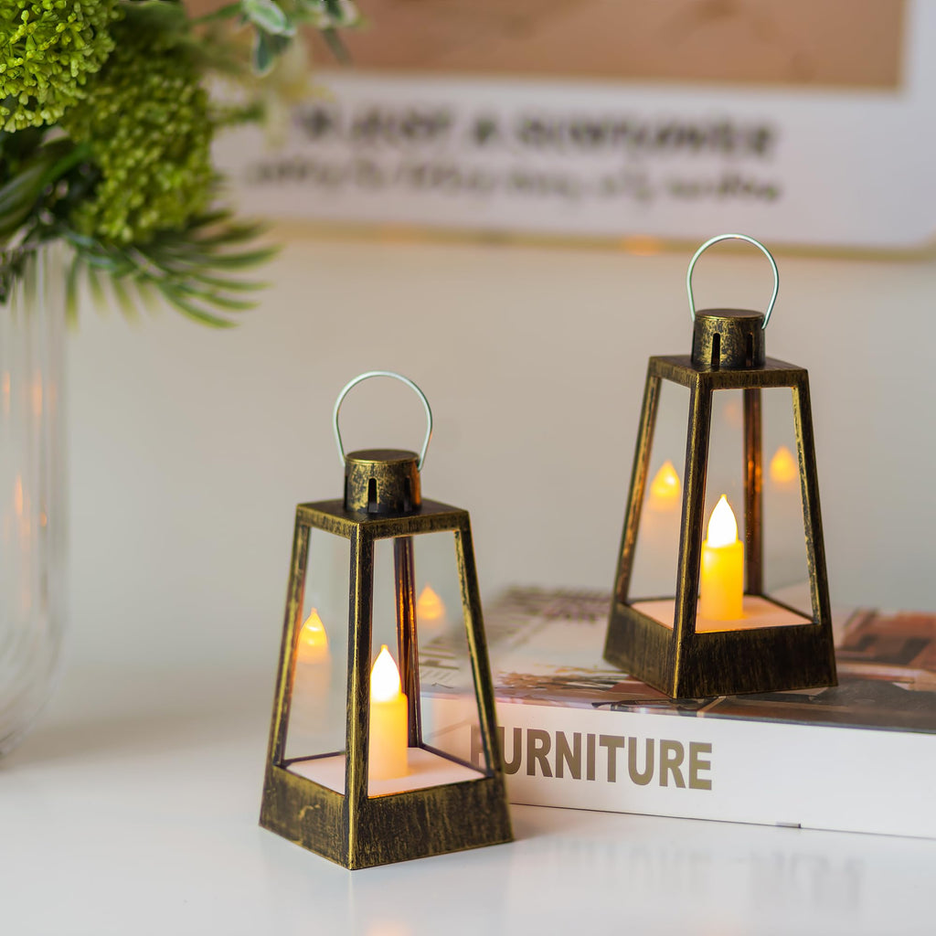 Romadedi Mini Decorative Lantern for Centerpieces - 10 Pcs Small Gold Candle Lanterns with Flickering LED Candles for Wedding Table Decor Christmas Party Halloween, Battery Included