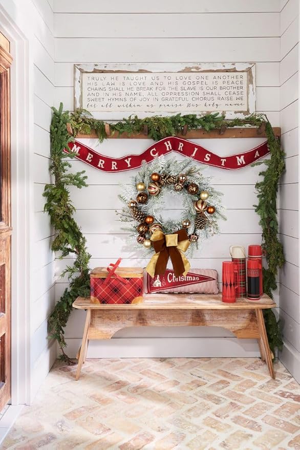 24" Christmas Wreath for Front Door Artificial Unlit Winter Wreath with Pine Cones, Berry Clusters, Bronze Ball Ornaments and Ribbon for Thanksgiving Holiday Christmas Decoration