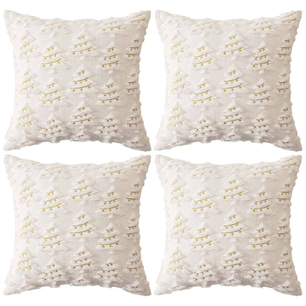 4 Pcs Christmas Throw Pillow Covers 18x18, Soft Faux Fur Pillow Cases Holiday Decorations, Fluffy Plush Accent Couch Cushion Case for Festivals Winter Sofa Living Room Home Decor(White Tree)