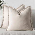 MIULEE Christmas Decorative Throw Pillow Covers Neutral Linen Fringe Throw Pillows Set of 2 Natural Beige Boho Farmhouse Cushion Covers with Tassels for Couch Sofa Bed Living Room Decor 16x16 Inch