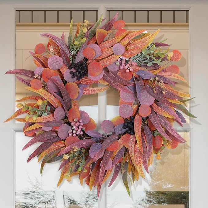 Fall Wreaths for Front Door 24 Inch, Outdoor Wreaths with Artificial Willow Leaves and Berries, Autumn Wreath for Front Door Indoor Wall Window Farmhouse Thanksgiving Halloween