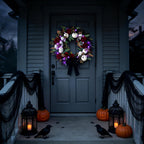 HipTree 20 Inch Light Up Halloween Wreath for Front Door with Skulls Roses Pumpkins, Gothic Black Wreath with Purple LED Lights, Battery Operated Timer Spooky Fall Wreath for Indoor Outdoor Porch