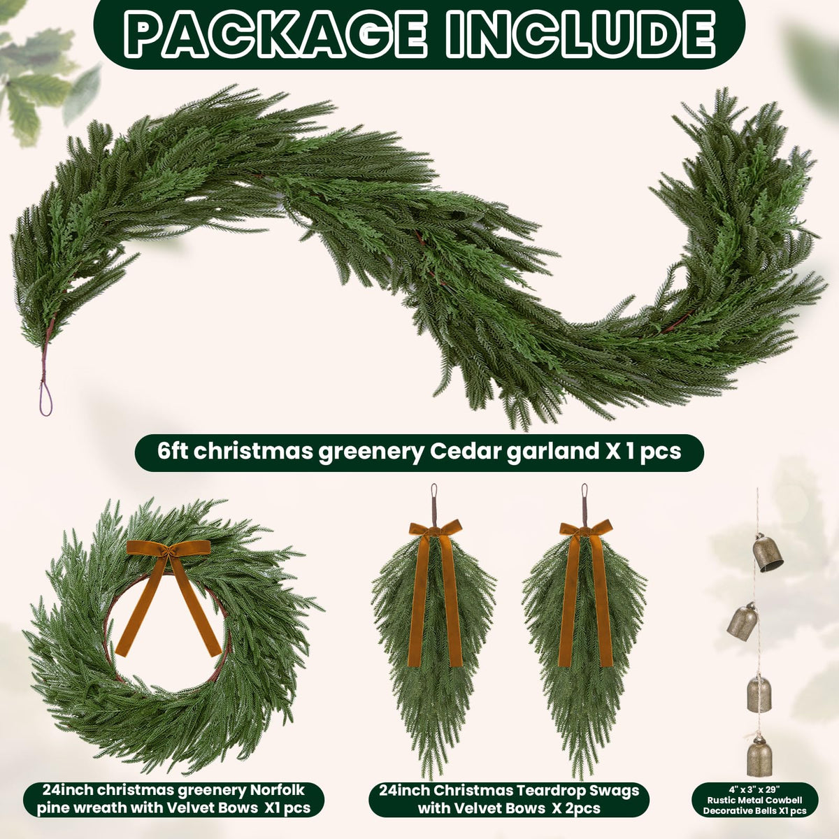 Syhood Christmas Norfolk Pine Garland with 24" Wreath 2 Real to Touch Teardrop Swags and Gold Metal Bells Set, Soft Realistic Artificial and Cedar Greenery for Indoor Outdoor Holiday Decor(Khaki,6ft)