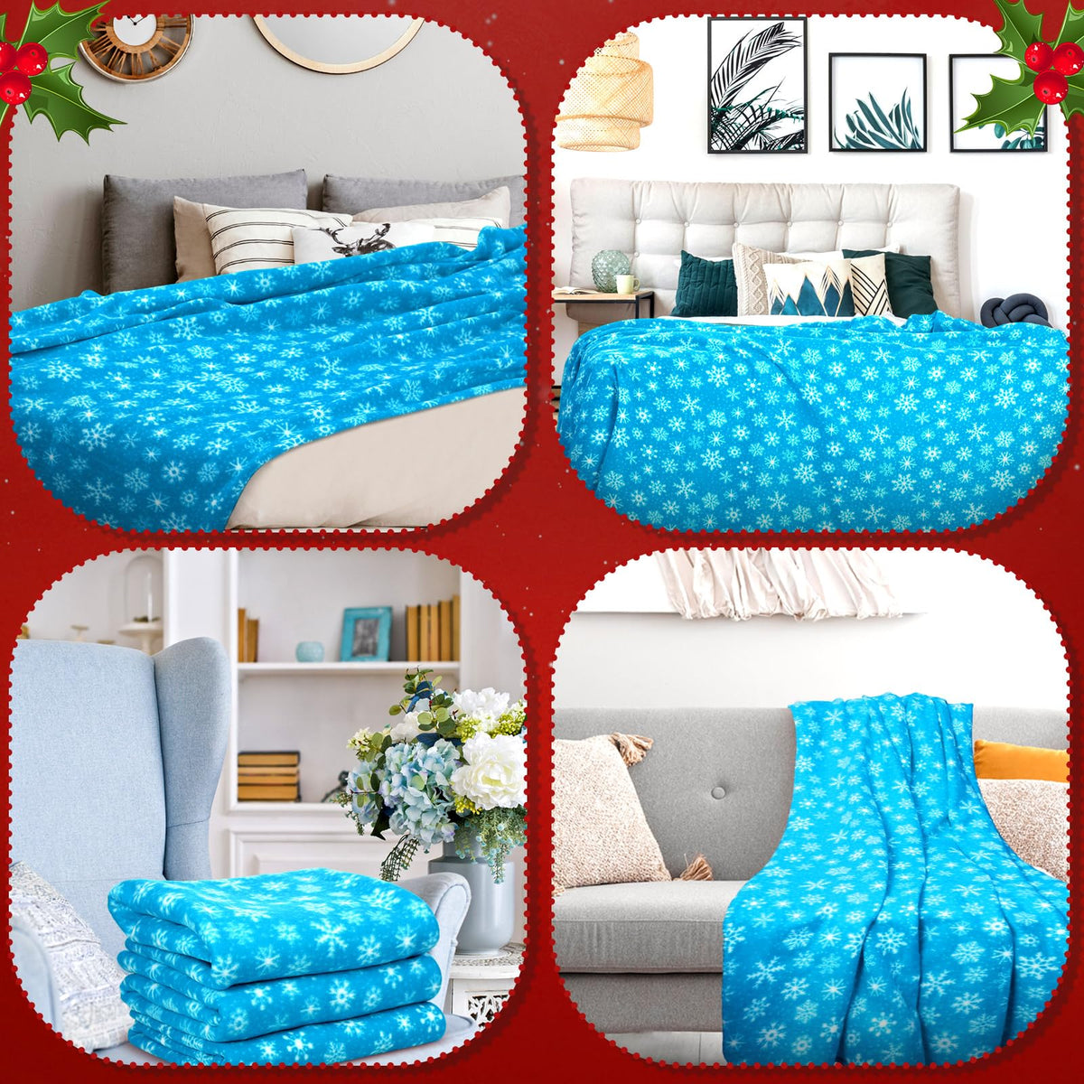 Moukeren 24 Pcs Christmas Snowflake Throw Blanket Bulk, 59 x 47 Inch Xmas Winter Throw Blanket Christmas Warm Soft Cozy Fleece for Home Bedding Couch Chair Gift (Blue)
