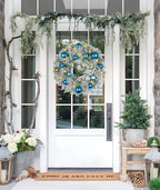 24 inch Christmas Wreath,Winter Pine Wreaths with Blue Ball LED Lights for Front Door for Fireplace Xmas Decorations, Wall Window Indoor Outdoor Decor