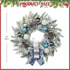 24" Christmas Wreath for Front Door Artificial Unlit Winter Wreath with Pine Cones, Berry Clusters, Blue Ball Ornaments and Ribbon for Thanksgiving Holiday Christmas Decoration