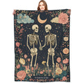 VODRM Gothic Skull Blanket Skeleton Romantic Throw Blankets with Flowers & Crescent Moon,Birthday Gifts for Kids Adult,Lightweight Soft Fleece,for Sofa Couch Bed Room Goth Halloween Decor 50x60in