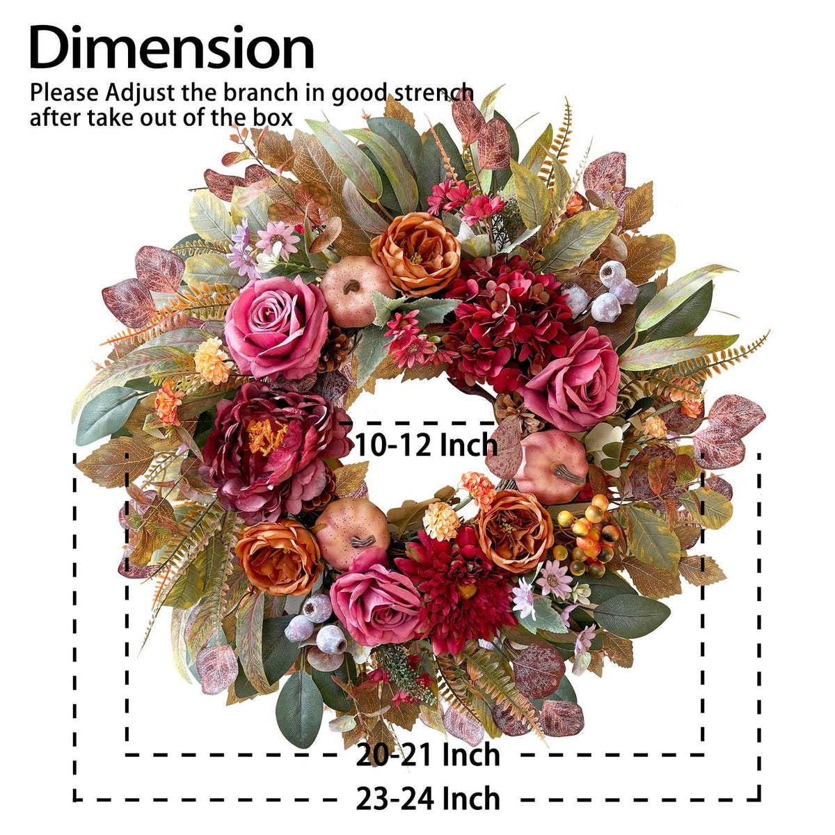 WANNA-CUL 24 Inch Fall Floral Wreath for Front Door with Roses Dahlias Hydrangeas&Pumpkins, Artificial Autumn Harvest Wreath Thanksgiving Farmhouse Decor for Table Wall Mantel Window Indoor Outdoor