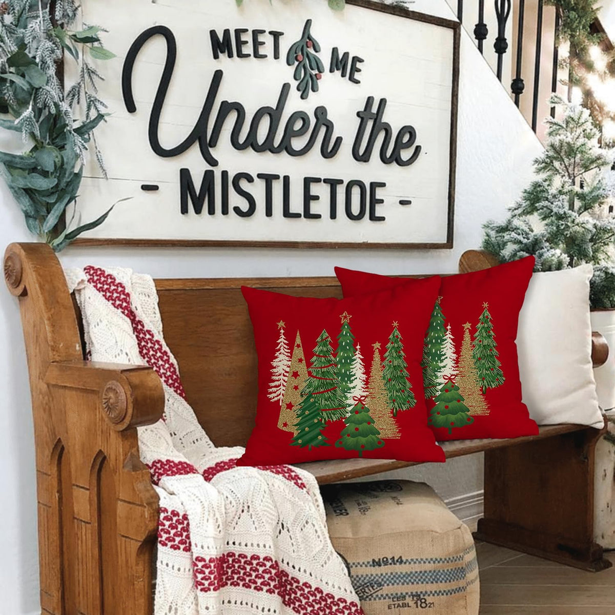 RABUSOFA Christmas Pillow Covers 18x18 Inch Tree Decorations Red Velvet Throw Pillow Cases Xmas Christmas Decor Winter Decorative Pillows for Couch Holiday Soft Gold