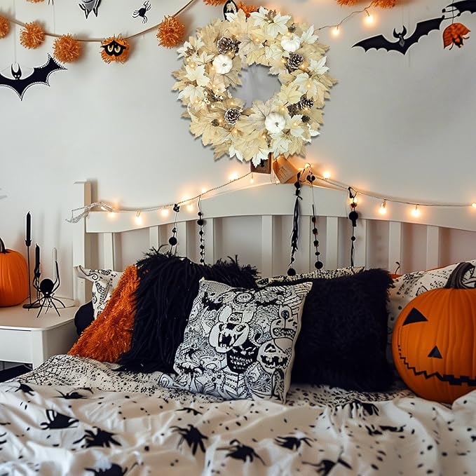 Fall Wreath with Lights 22 Inch - Fall Wreaths for Front Door Thanksgiving Halloween with Fall Home Decorations Autumn Wreath for Indoor Outdoor Wall Festival Decor
