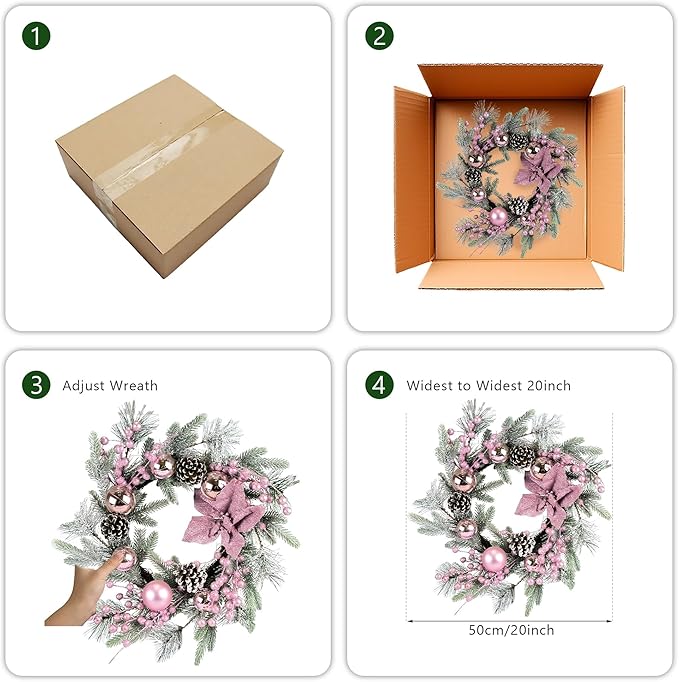 20" Christmas Wreaths for Front Door, Artificial Christmas Wreath Decoration with Lights, Winter Wreaths with Pine Cones,Bow,Balls Ornaments for Indoor Outdoor Home Decor (Pink)