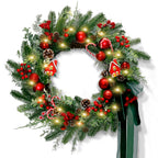 20" Christmas Wreath for Front Door, Christmas Door Wreath Decoration with Ball Ornaments, Red White Candy, Pine Cones Berries & Bow, Holiday Decoration