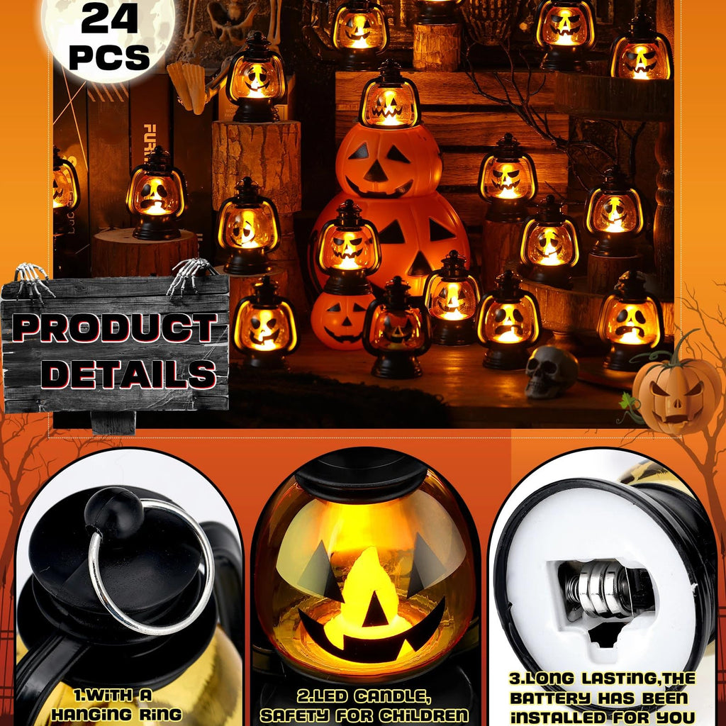 ROCEEI Halloween Mini Pumpkin Lantern 3.54 Inch Jack O Lantern Table Centerpiece Halloween Hanging Decoration Bulk Light up Lamp with Flickering LED Candle for Party Decor Indoor Outdoor(24 Pcs)