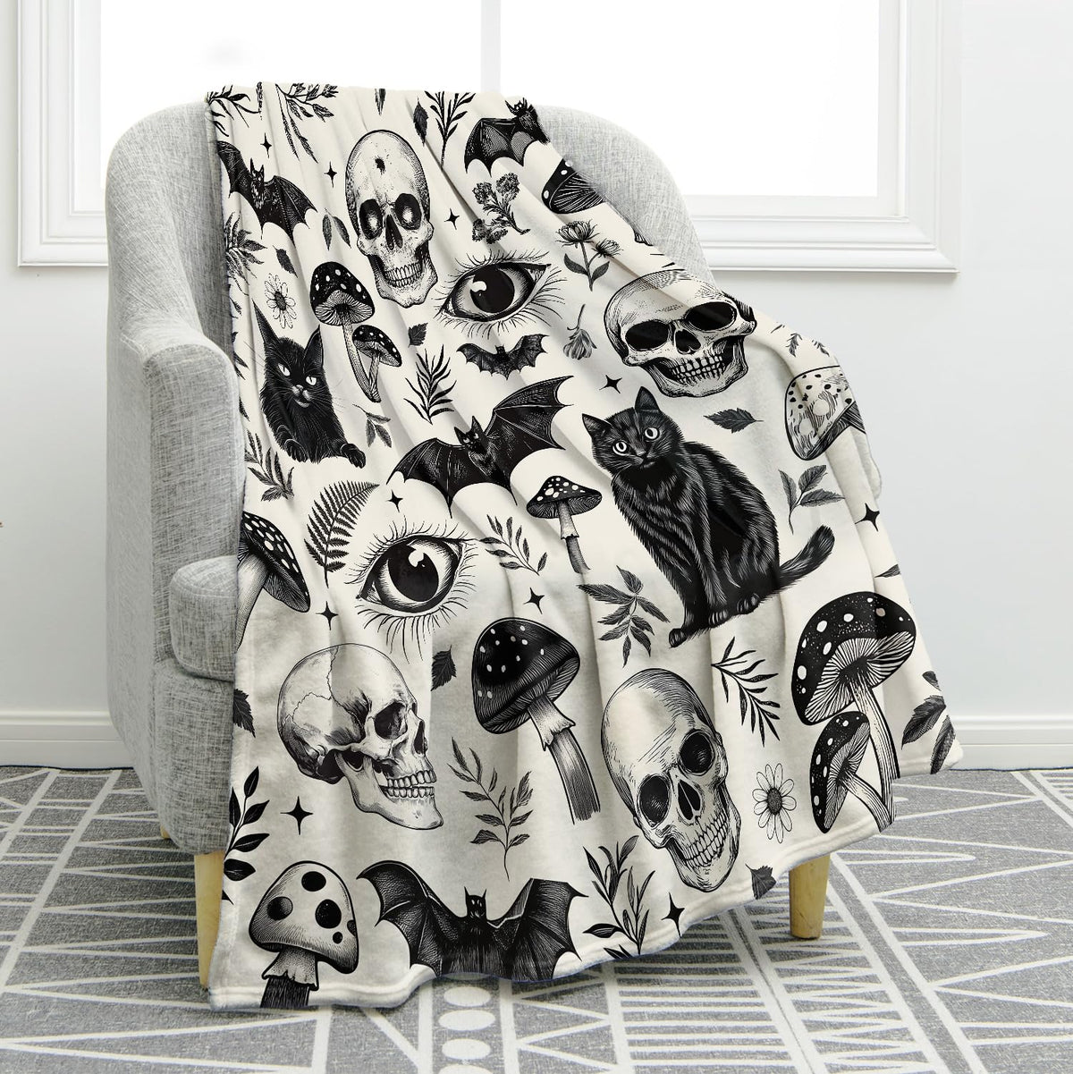 Jekeno Gothic Skull Blanket Cat Bat Mushroom Gifts for Women Men Kids Girls Boys Mom Wife Husband Dad Halloween Birthday Christmas Skeleton Horror Dark Presents Home Bedroom Room Decor Throw 50"x60"