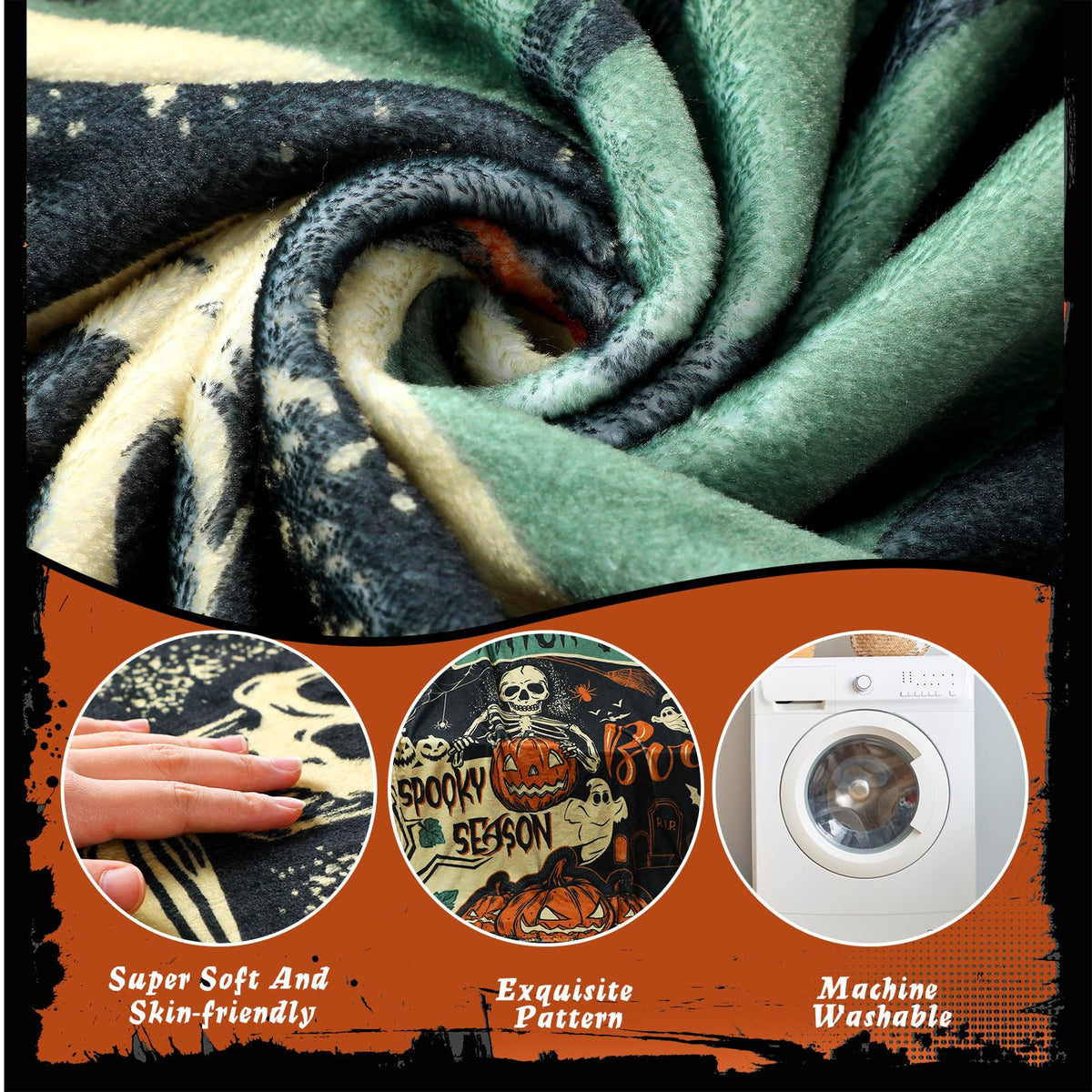Breling Halloween Throw Flannel Blanket Ghost Skeleton Cozy Fuzzy Warm Throw Blanket Vintage Scary Halloween Themed Print for Winter Couch Sofa Bed Home Decor 60"x50"