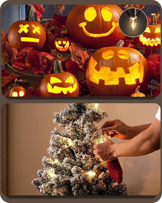 Christmas Village Lights, Decoration String Lights 18Ft with 10 C7 LED Bulbs, Warm White, with Socket and Switch, for Christmas Snow House, Pumpkin Crafts, Holiday Decoration W01VL05