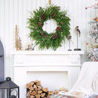 Prelit Christmas Wreaths for Front Door 24 Inch- Real Touch Norfolk Pine Wreath with Lights,Green Evergreen Outdoor Xmas Wreath with Natural Pine Cones and Berries for Farmhouse Home Decor