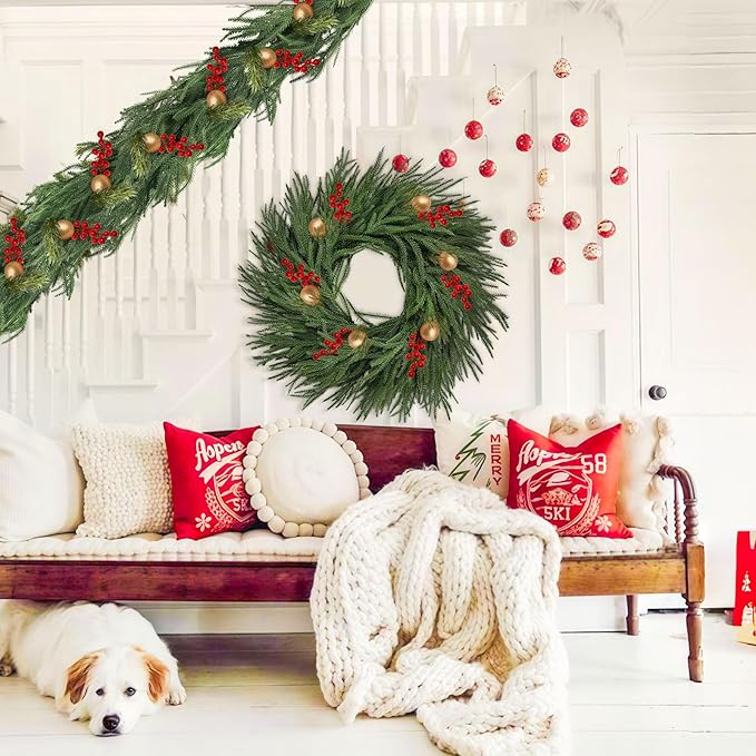26 inch Norfolk Pine Wreath,Christmas Wreaths for Front Door,Artificial Real Touch Wreath for Door Wall Windows Mantle Outdoor Christmas Decoration