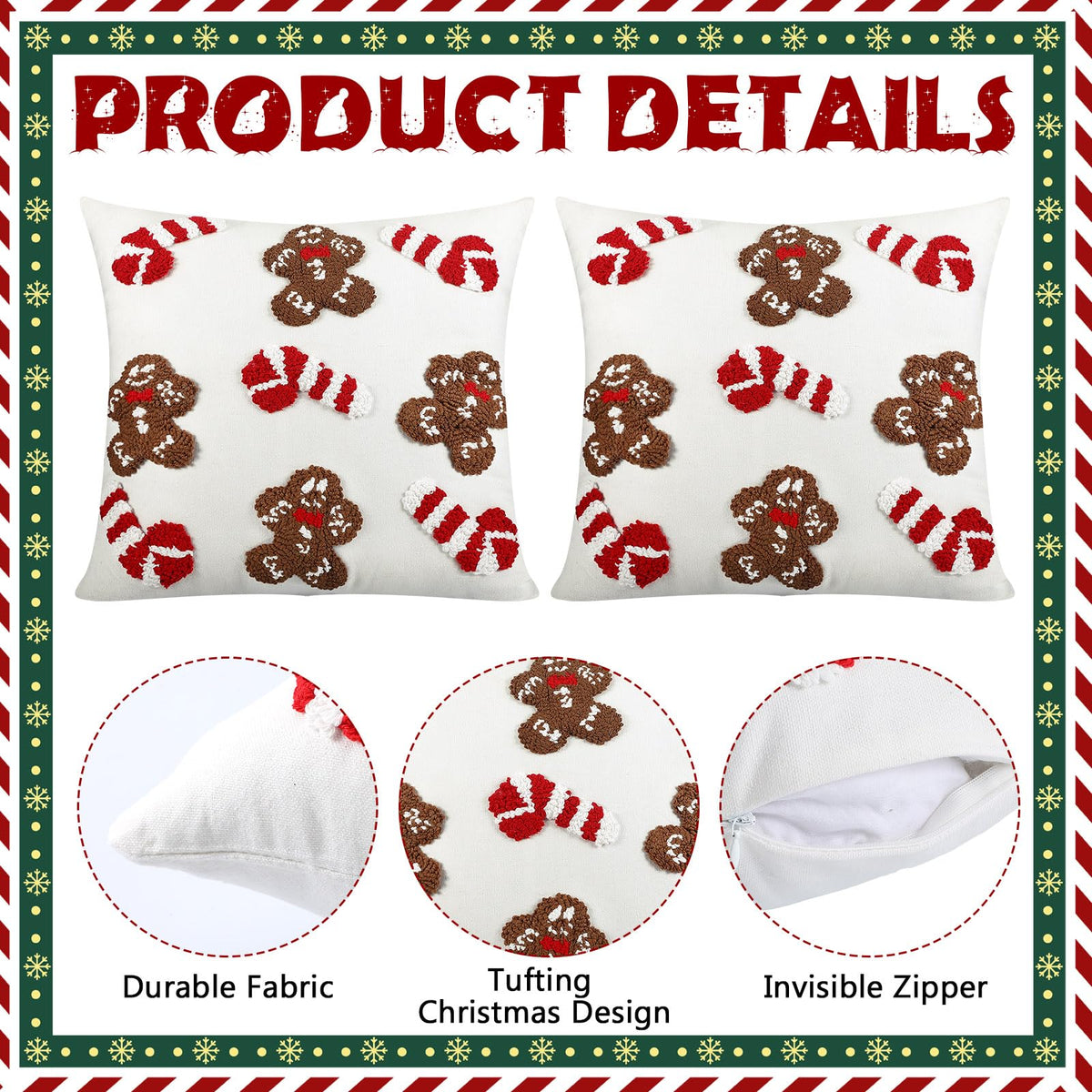 Mixweer 2 Pcs Tufted Christmas Throw Pillow Cover 18 x 18 Inch Gingerbread Pillow Covers 3D Candy Xmas Pillows Case Decorative Soft Cushion Cover for Sofa Couch Bed Room