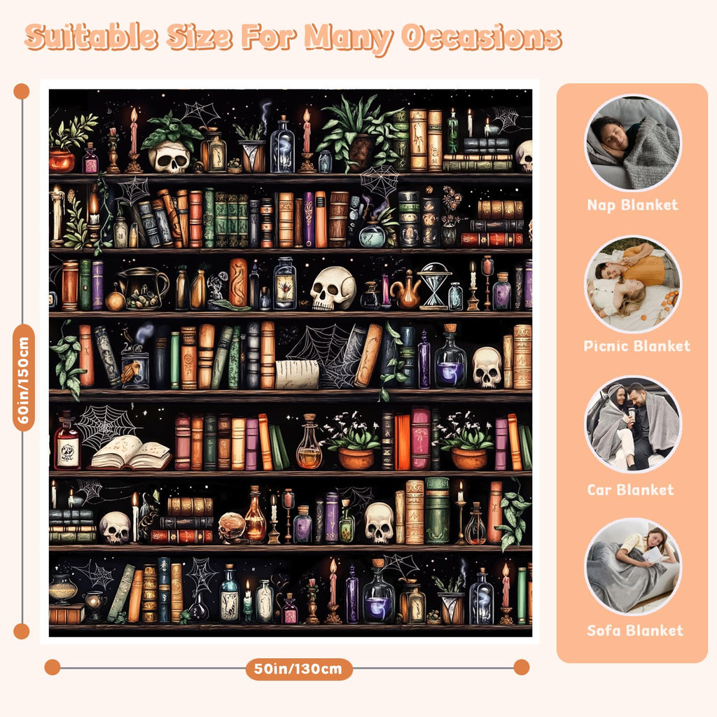 Nqhsionv Halloween Blanket Book Lovers Goth Skull Bookshelf Throw Blanket Gifts for Bookworm,Reader,Reading,Bookclub,Booknerd,Librarian,Bookish,Book Accessories Halloween Decor- 60”X50”