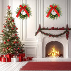 2 Pcs 20 Inch Pre-lit Christmas Cedar Wreaths with Bow Bells Artificial Norfolk Pine Lighted Xmas LED Christmas Swags Wreath for Indoor Outdoor Windows Porch Wall Home Decor