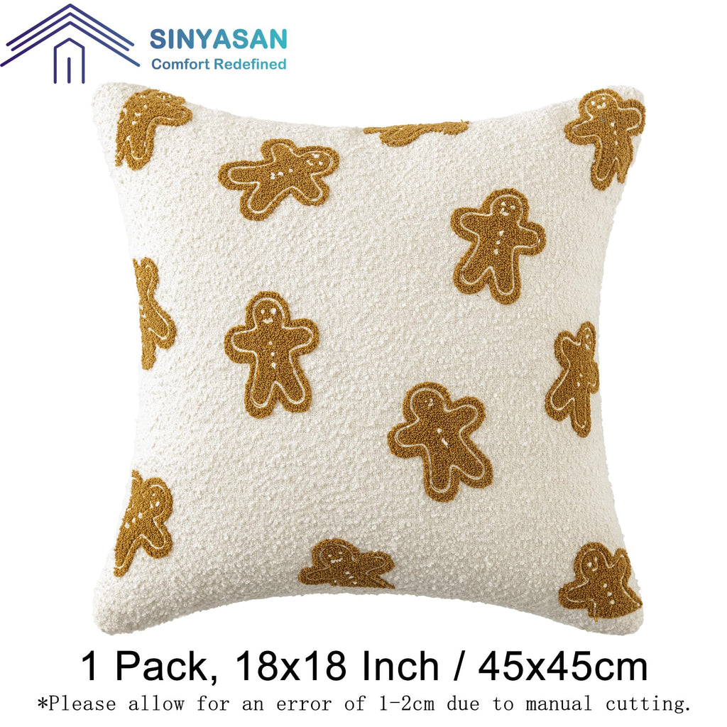 SINYASAN Christmas Pillow Cover 18x18 Inch 1 Pack White Boucle Gingerbread Shaped Cushion Cover, Fluffy Textured Decorative Throw Pillow Case for Couch Sofa Bed Living Room Porch Winter Home Décor